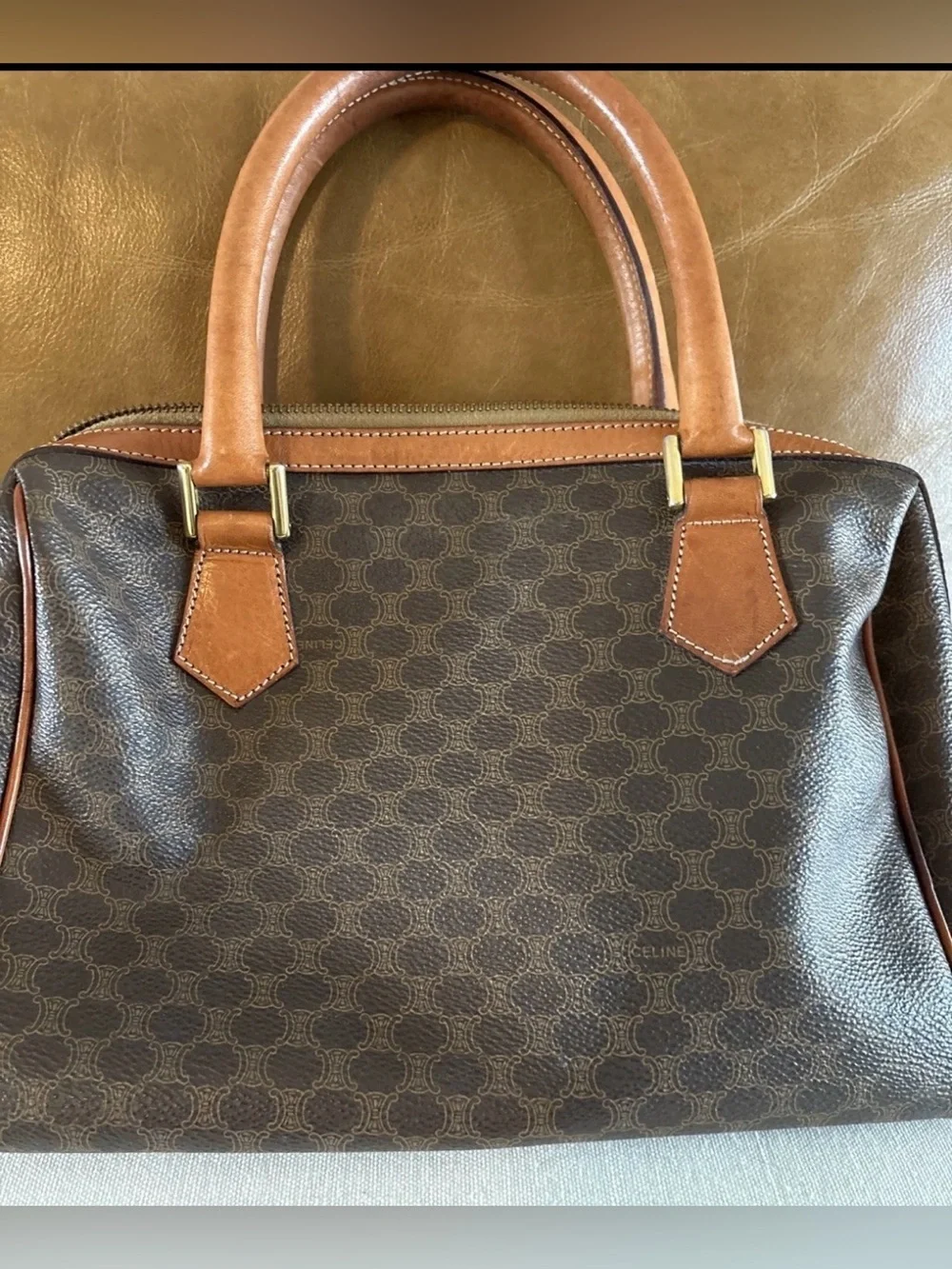 CELINE PVC Leather Mini Boston Bag Brown Camel Macadam Vintage - Picture 2 of 15